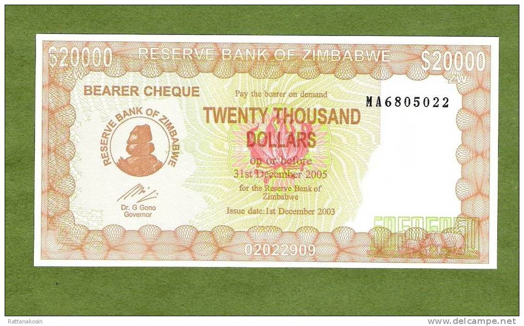 ZIMBABWE P23f  20.000 DOLLARS 1.12.2003 To 31.12.2005  Signature 5 UNC. - Zimbabwe