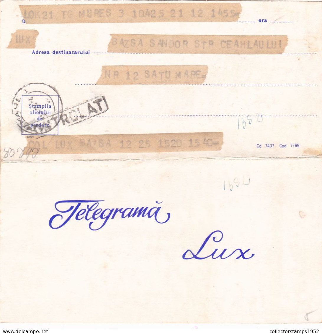 PEISAJE,TELEGRAM, TELEGRAPH, 1969, ROMANIA,cod.07/69. L.T.L. X 7 C. - Telegraphenmarken