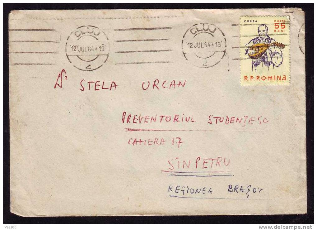 Music Instrument Cobza , Stamp 55 Bani On Cover 1964 - Romania. - Lettres & Documents