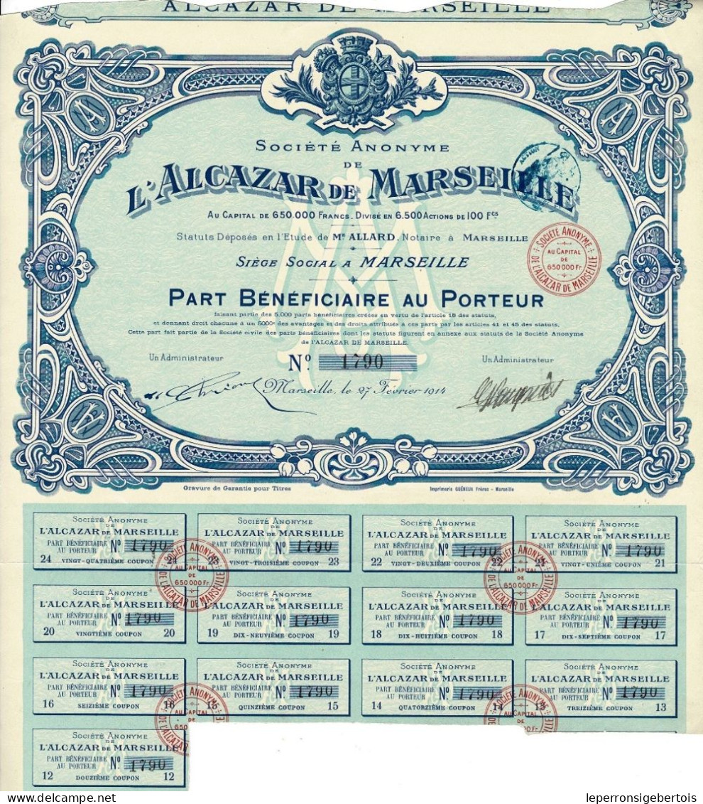 - Titre De 1914 - Société Anonyme De L'alcazar De Marseille - Déco - - Turismo