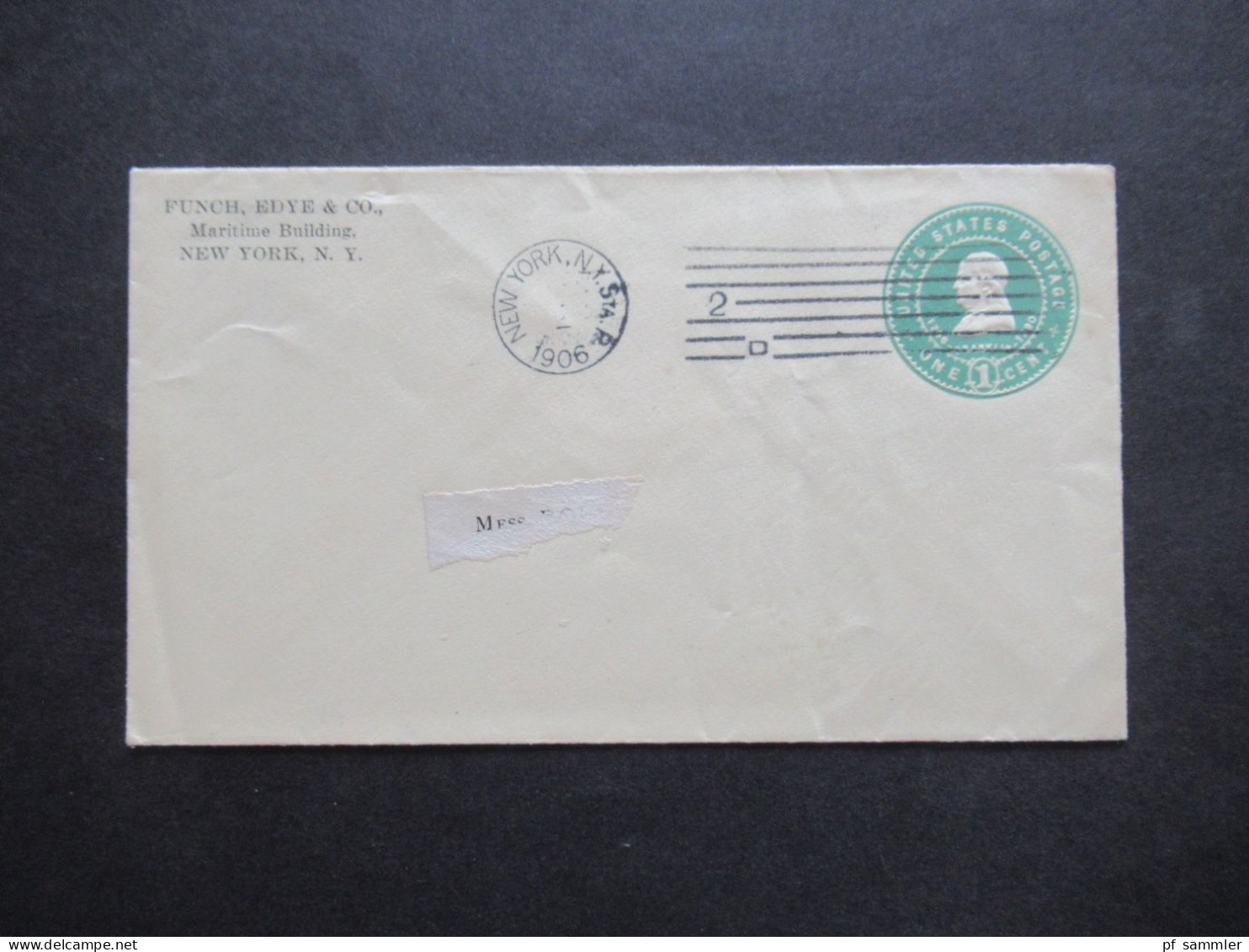 USA Ganzsache / GA Umschlag One Cent Mit Gedrucktem Absender Funch, Edye & Co. Maritime Building New York 1906 - 1901-20