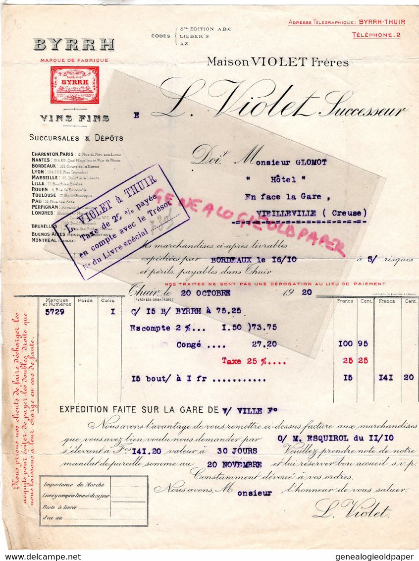 66- THUIR- FACTURE BYRRH VIOLET FRERES-  - CHARENTON PARIS- 1920- GLOMOT HOTEL FAC GARE A VIEILLEVILLE - Food