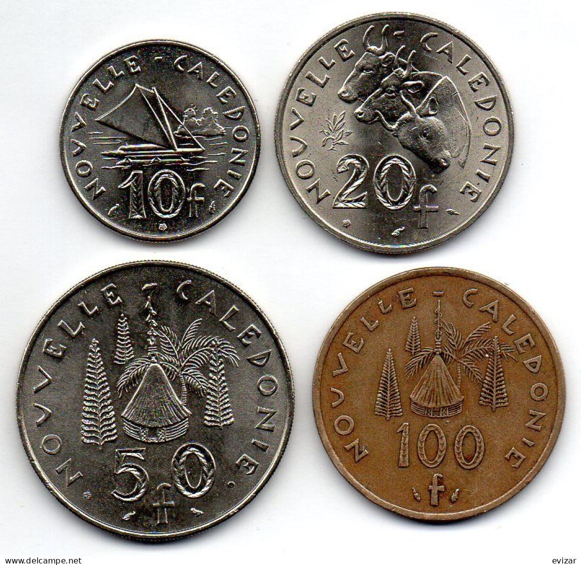 NOUVELLE CALEDONIE, Set Of Four Coins 10, 20, 50, 100 Francs, Nickel, Nickel-Bronze, Year 1972-77, KM # 11, 12, 13, 15 - Nouvelle-Calédonie