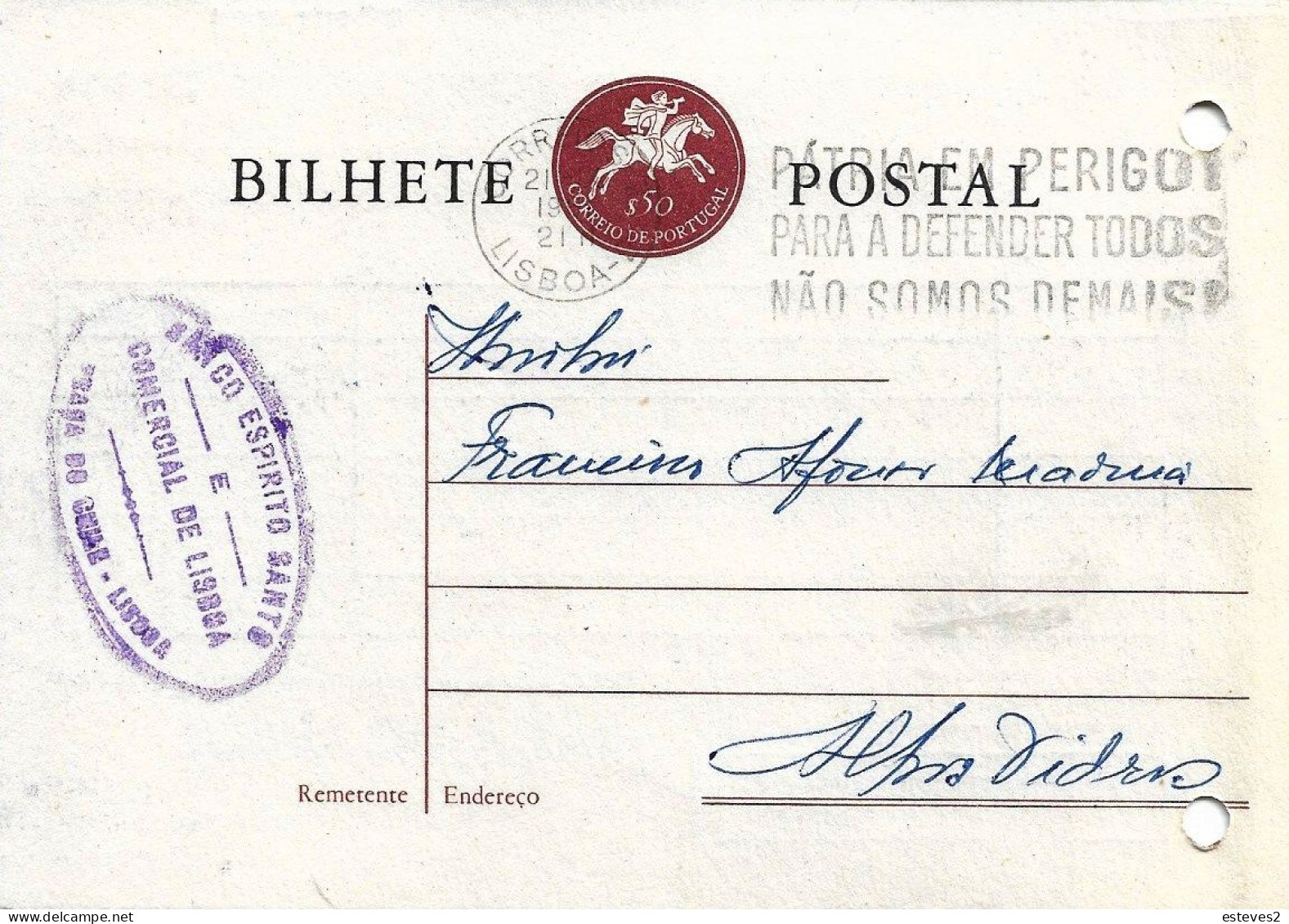 Portugal , 1961 , PÁTRIA EM PERIGO ... Slogan Postmark On Postal Stationery , BANCO ESPÍRITO SANTO - Marcophilie