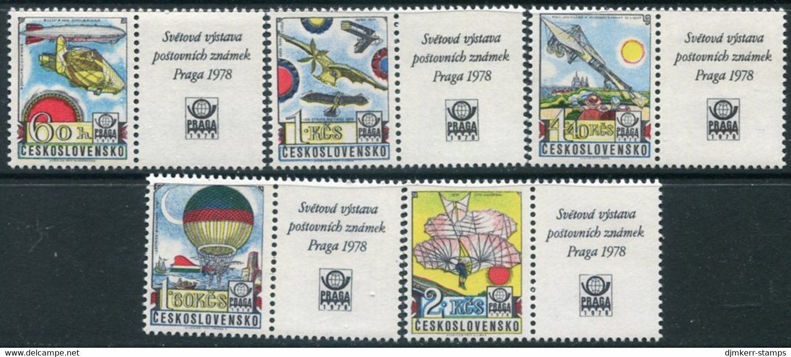 CZECHOSLOVAKIA 1977 Praga 1978 5th Issue: Aviation History With Labels MNH / **  Michel 2396-400 Zf - Nuovi