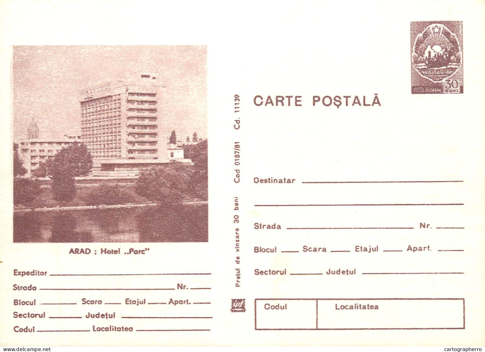 Romania Intreg Postal Arad Hotel Parc - Storia Postale