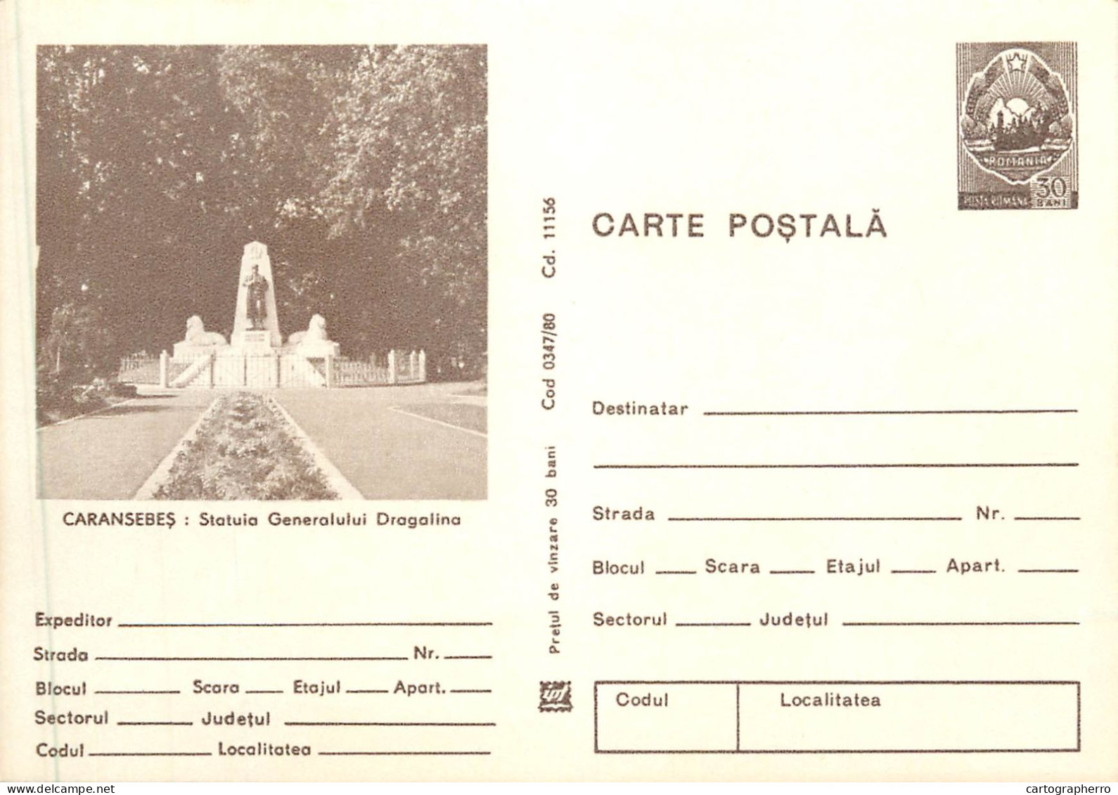 Romania Intreg Postal Caransebes Statuia Generalului Dragalina - Briefe U. Dokumente