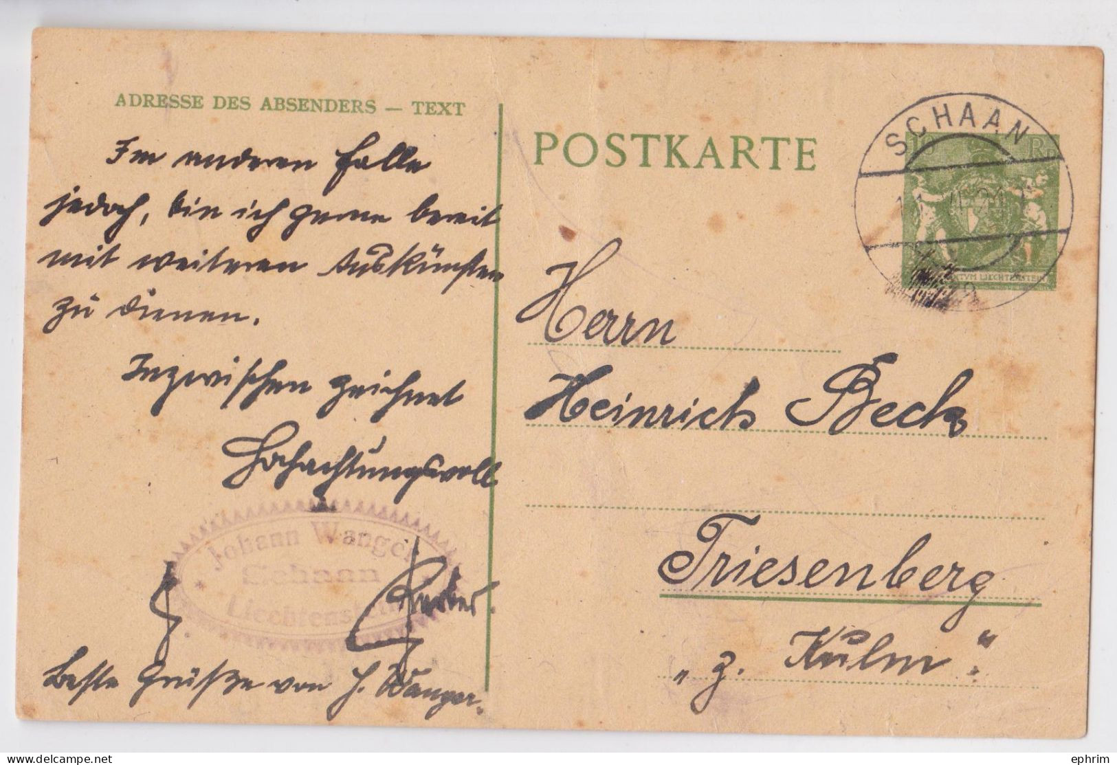 Liechtenstein Schaan Johann Wanger Postkarte Alt Ganzsache Briefstempel 1921 Carte Postale Entier Postal Ancien Tampon - Interi Postali