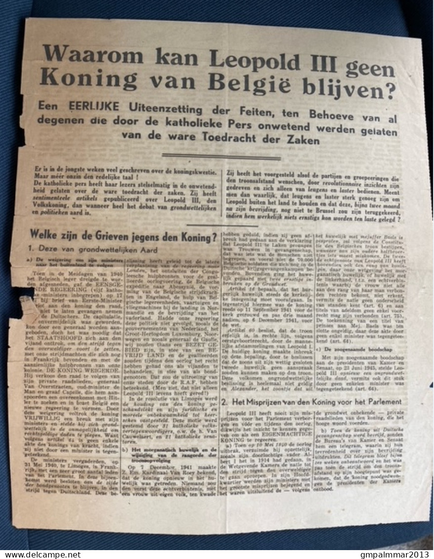 Krantenartikel Mbt De KONINGSKWESTIE LEOPOLD III , Details En Staat Zie Scan ! LOT 203 - Aardrijkskunde & Geschiedenis