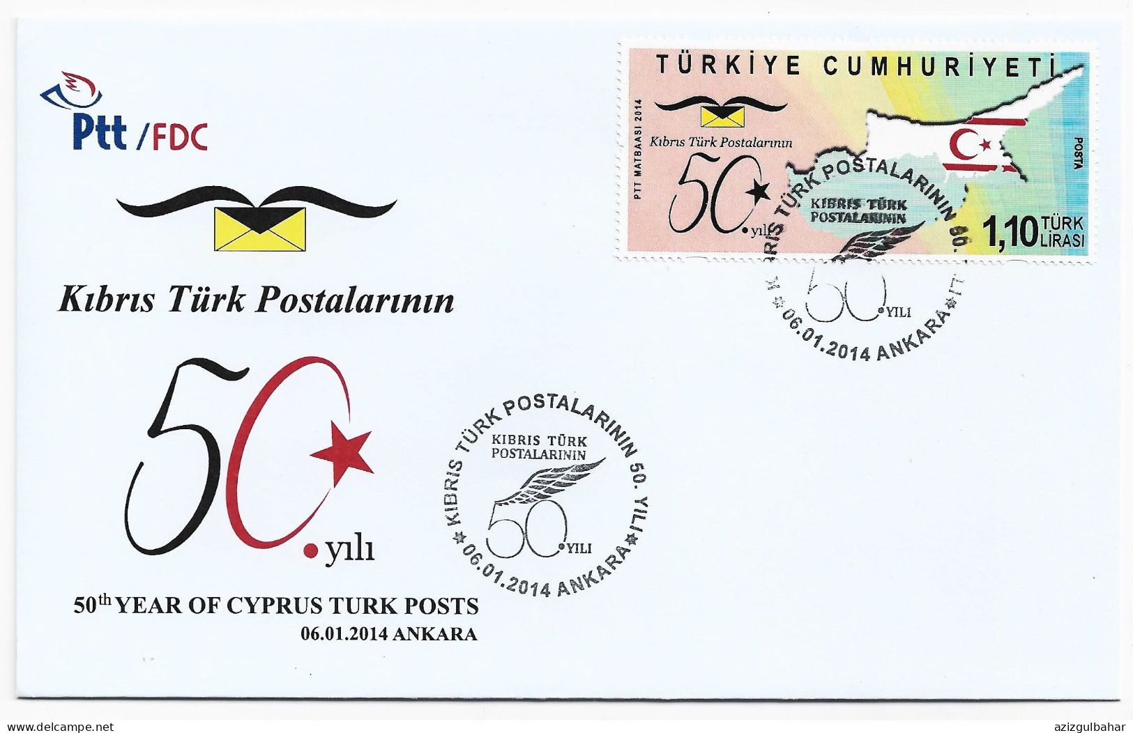 2014 - 50TH ANNIVERSARY OF CYPRUS TURKISH POST - FDC - Storia Postale