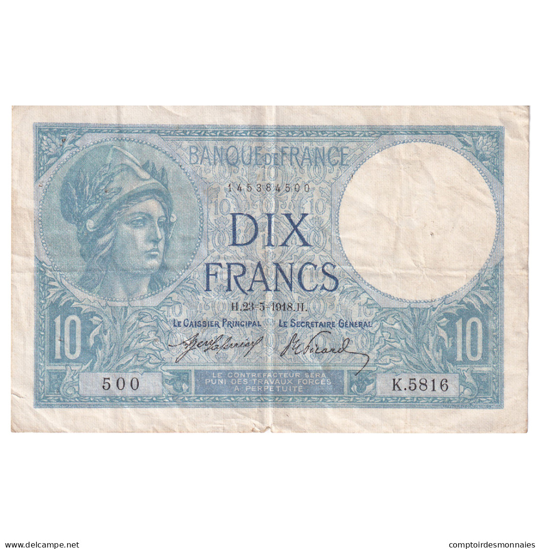 France, 10 Francs, Minerve, 1918, K.5816, TB+, Fayette:6.3, KM:73a - 10 F 1916-1942 ''Minerve''