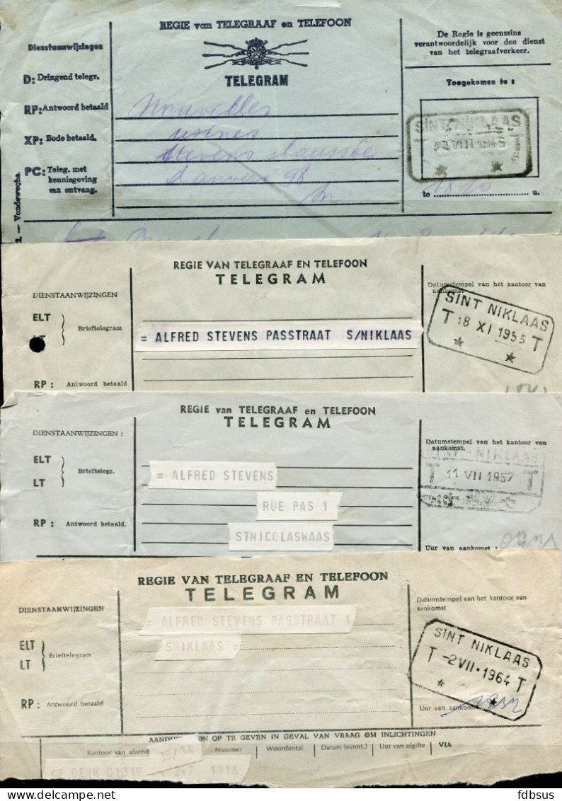 4 Hoofdingen Van Telegrammen RTT 1945/1955/1957/1964 Met 4 Verschillende Telegraaf Stempels SINT NIKLAAS - Telegramas