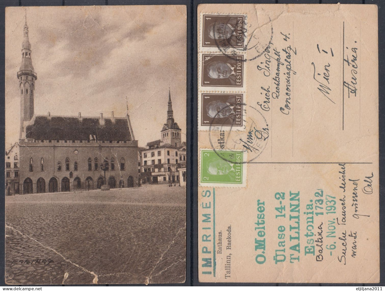 ⁕ Estonia 1937 ⁕ Rathaus Tallinn, Raekoda ⁕ Used Postcard - Estonie