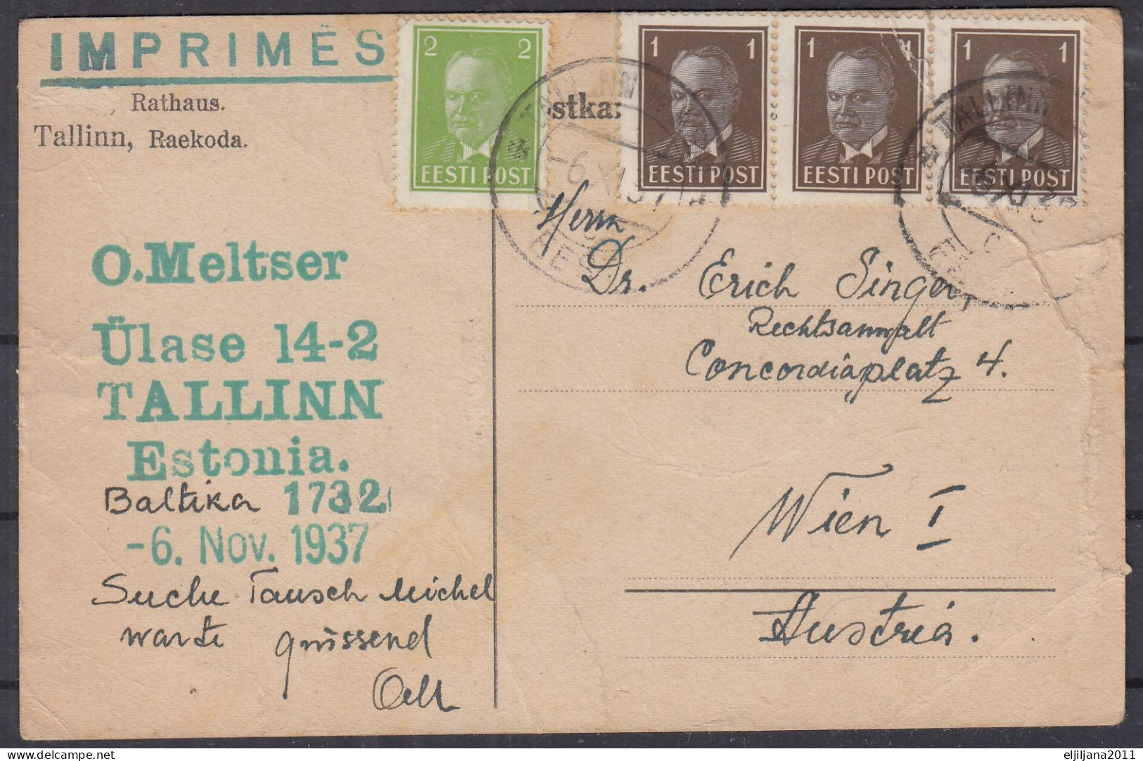 ⁕ Estonia 1937 ⁕ Rathaus Tallinn, Raekoda ⁕ Used Postcard - Estonie