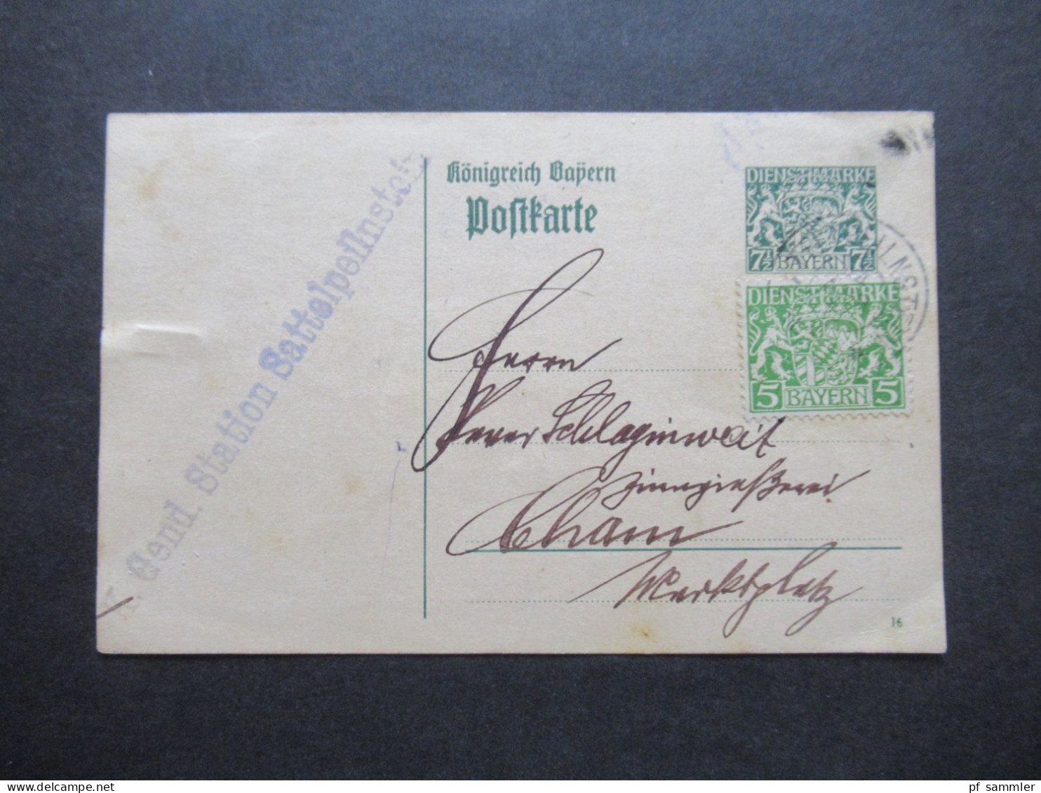 AD Bayern 1919 Dienst PK / Ganzsache DP 1 /01 Mit Zusatzfrankatur Blauer L1 K. Gend. Station Sattelpeilstein - Enteros Postales