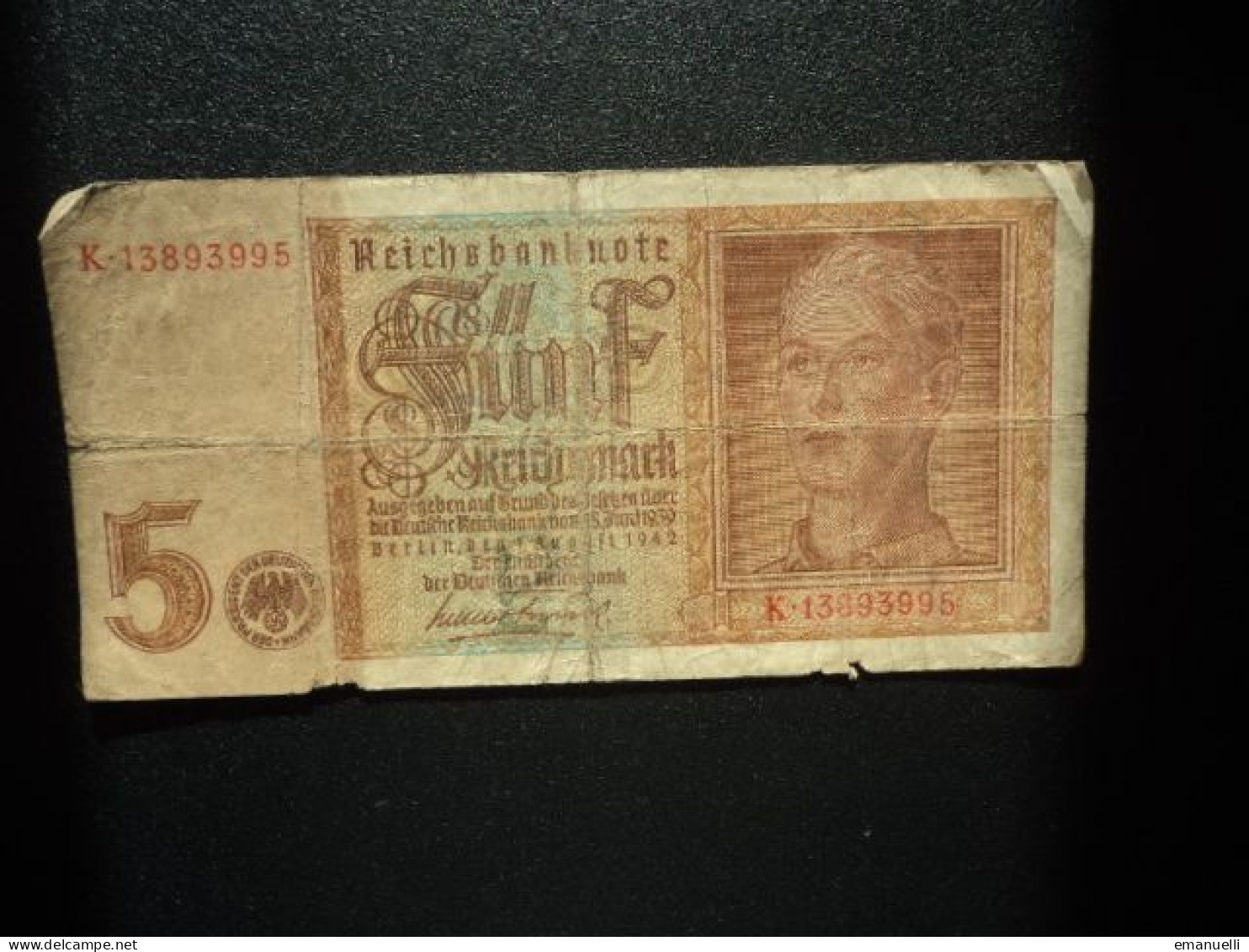 ALLEMAGNE : 5 REICHSMARK  1.8.1942  C.A. 179b, *  / P 186a ** B+ *** (photographies Par " Nuit Et Brouillard " ) - 5 Reichsmark