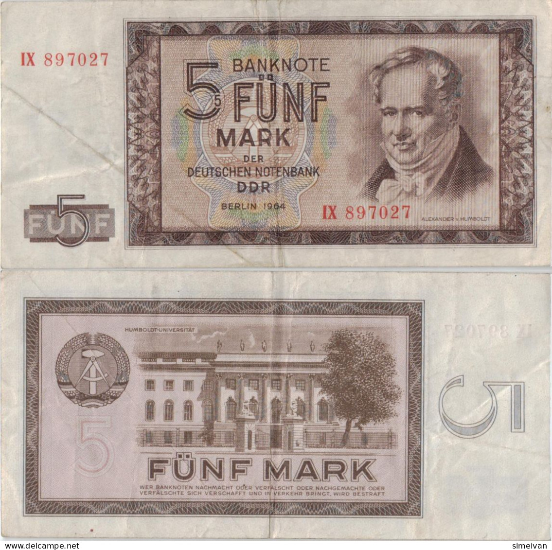 Germany Democratic Republic 5 Mark 1964 P-22a DDR East Germany Banknote Deutschland Allemagne #5076 - 5 Deutsche Mark