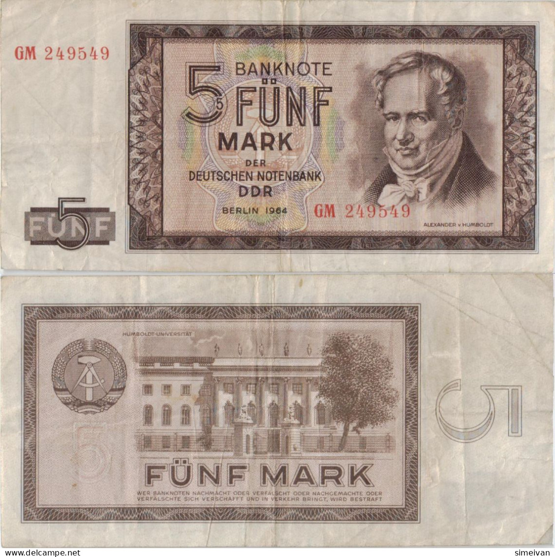 Germany Democratic Republic 5 Mark 1964 P-22a DDR East Germany Banknote Deutschland Allemagne #5077 - 5 Deutsche Mark