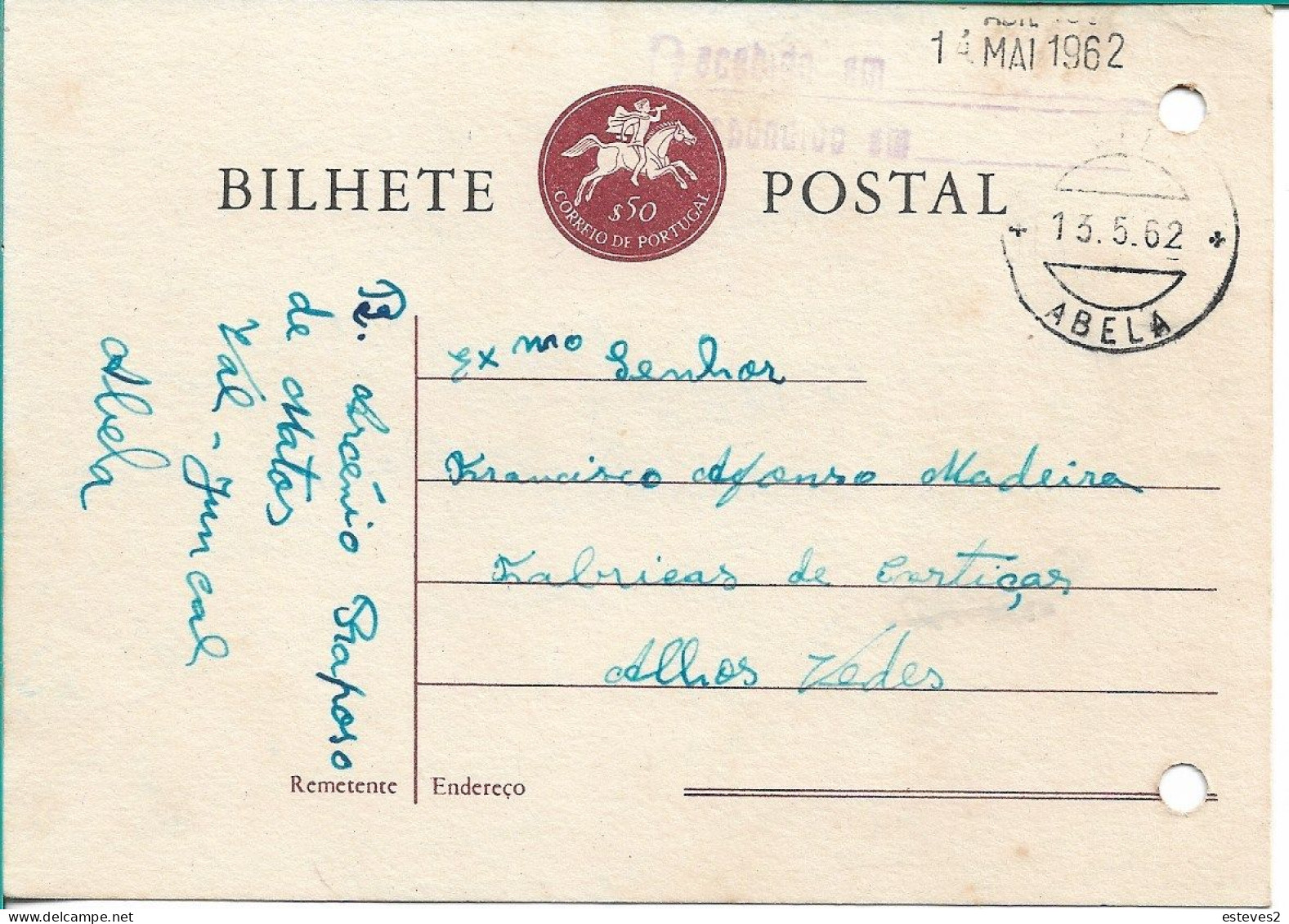 Portugal , 1962 ,  ABELA  Postmark On Postal Stationery , Santiago Do Cacém , Alentejo - Poststempel (Marcophilie)