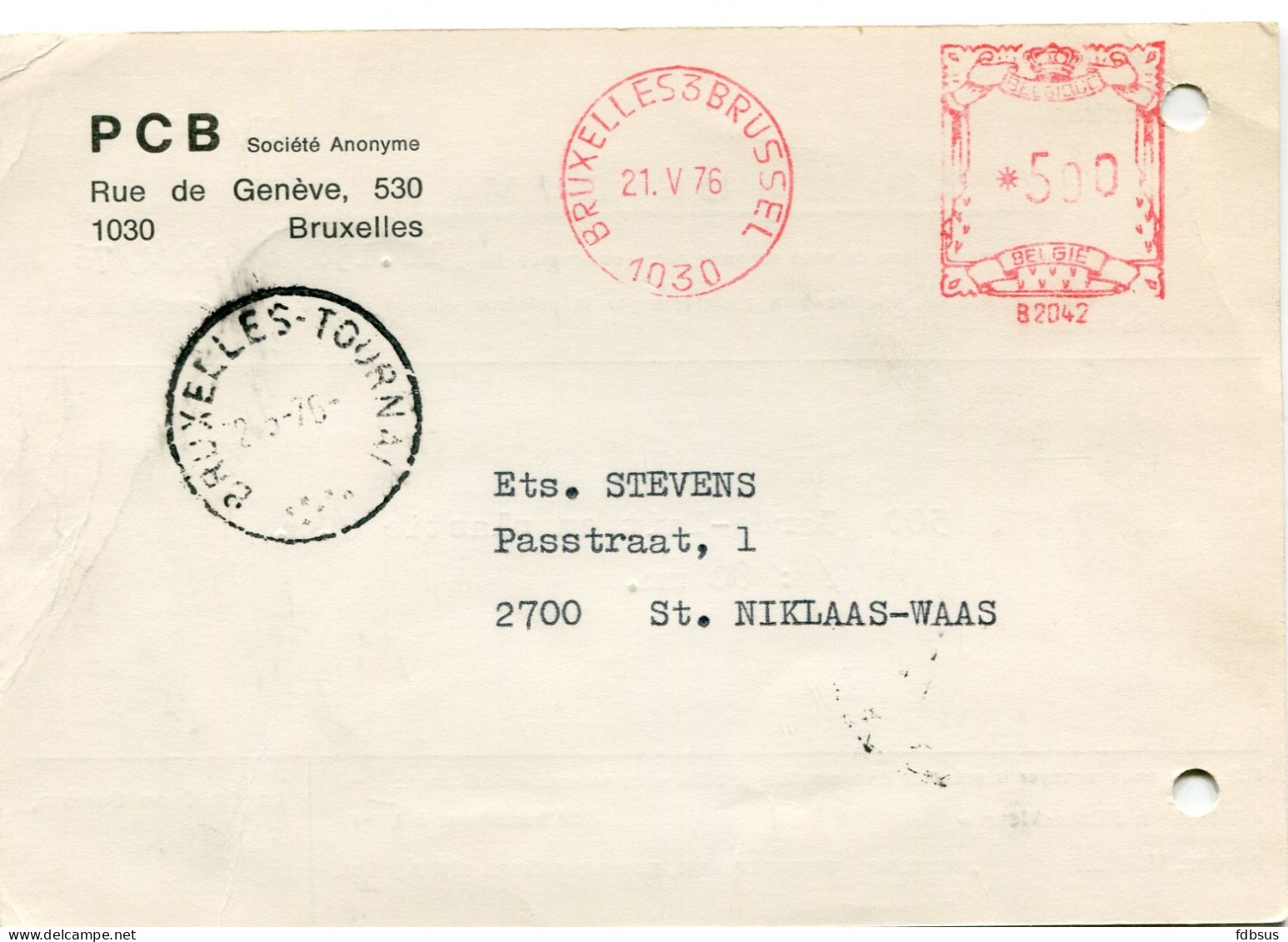 1976 Kaart Van PCB Bruxelles Naar St Niklaas W - Rode Frankeer Stempel Brussel 1030 - Zie Stempel BRUXELLES - TOURNAI - 1960-79