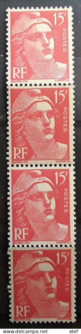 France 1948 , BANDE DE 4 Marianne De GANDON Yvert 813 ,15 F Rouge Timbre Du Bas VARIETE SURENCRAGE Neuve ** MNH TB - Unused Stamps