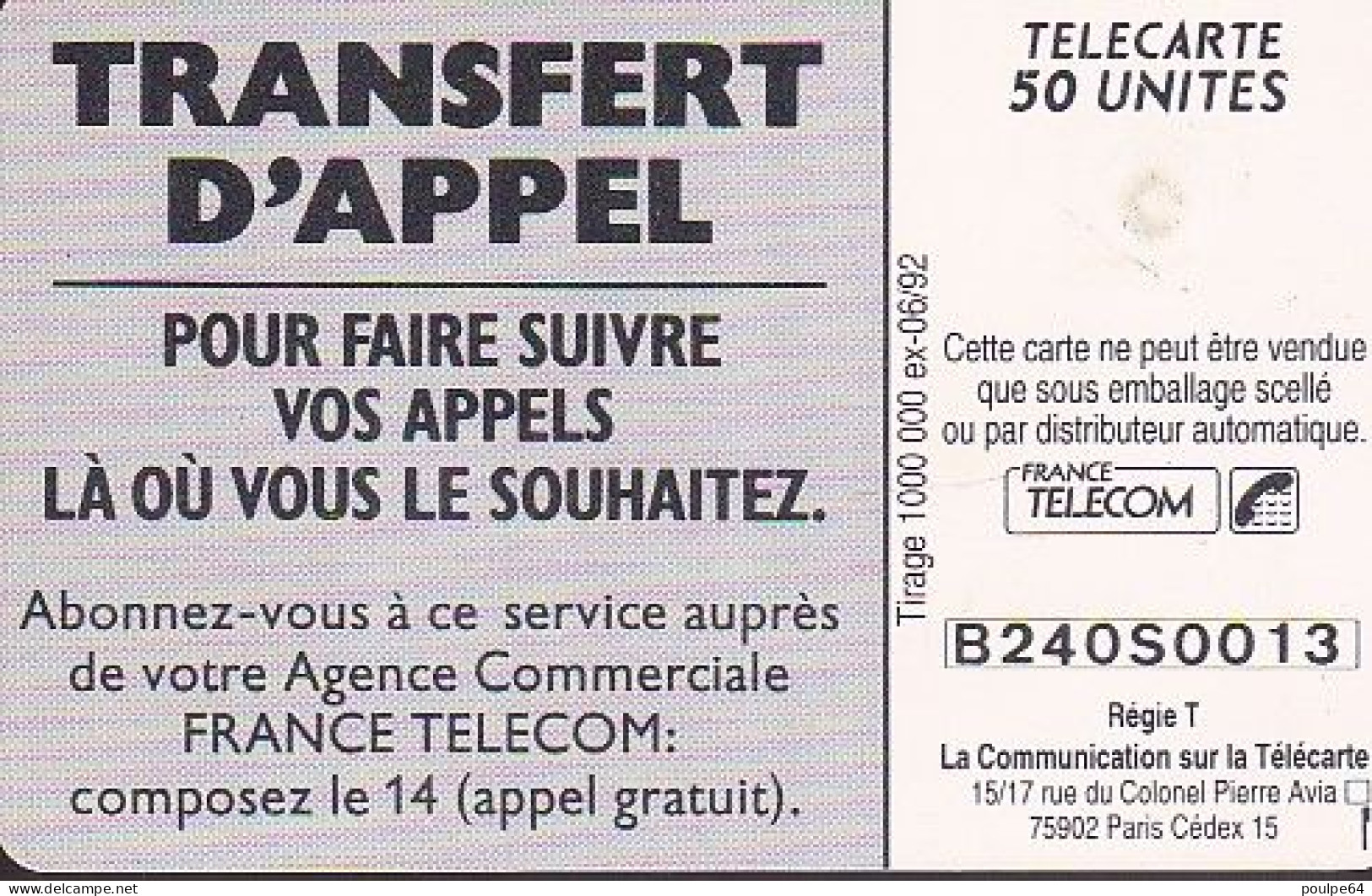 F275a - 06/1992 - TRANSFERT D'APPEL " Plage " - 50 GEM - 1992