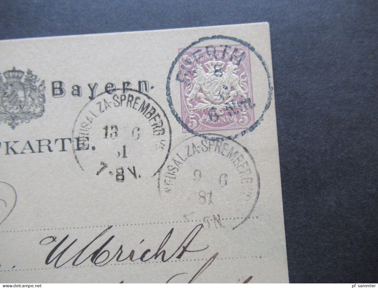 AD Bayern 1881 Ganzsache Postkarte Stempel K1 Fuerth Und 2x Ank. Stempel K1 Neuensalza Spremberg Sachsen - Postal  Stationery