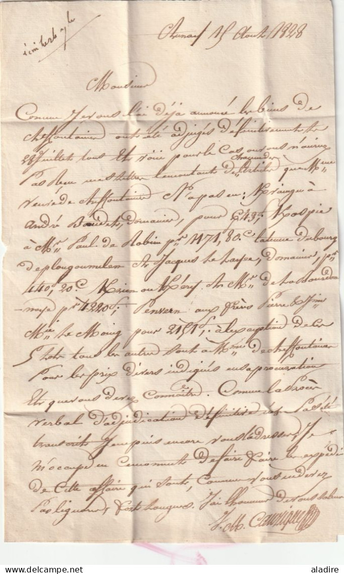 1828 - Marque postale 54 AURAY, Morbihan sur lettre pliée avec corresp. vers PARIS - dateurs en départ et arrivée