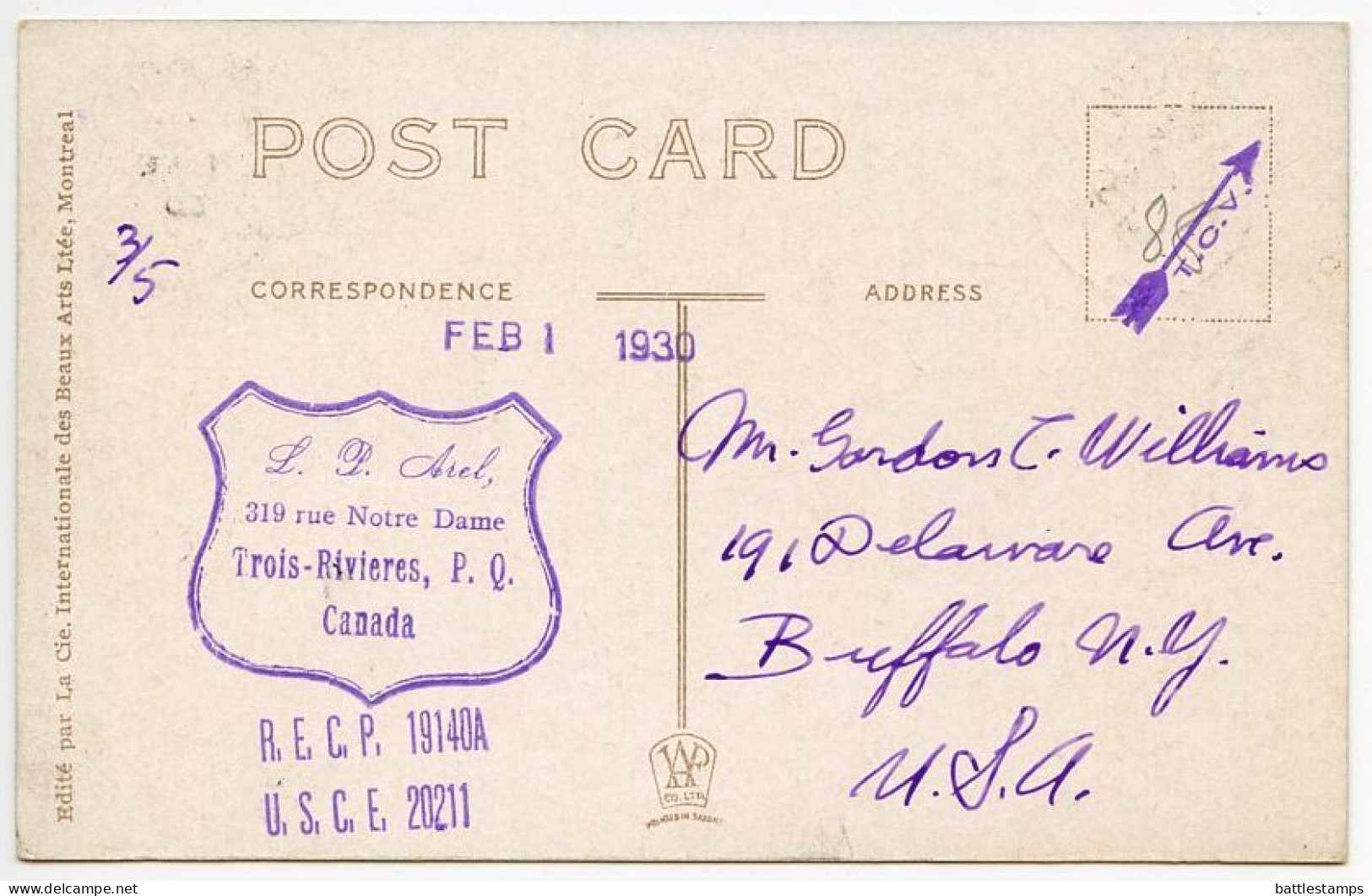Canada 1930 Postcard Trois-Rivières, Quebec - L'évêché / Bishopric; Scott 105 - 1c. KGV - Trois-Rivières