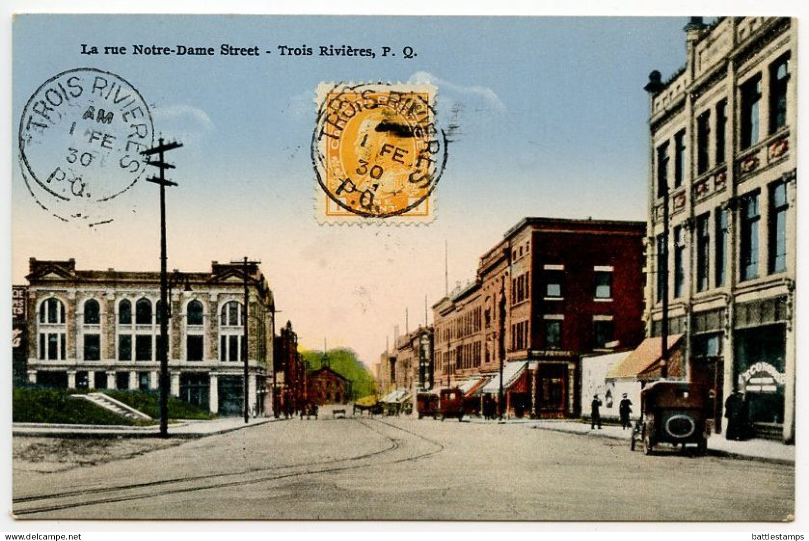 Canada 1930 Postcard Trois-Rivières, Quebec - La Rue Notre-Dame Street; Scott 105 - 1c. KGV - Trois-Rivières