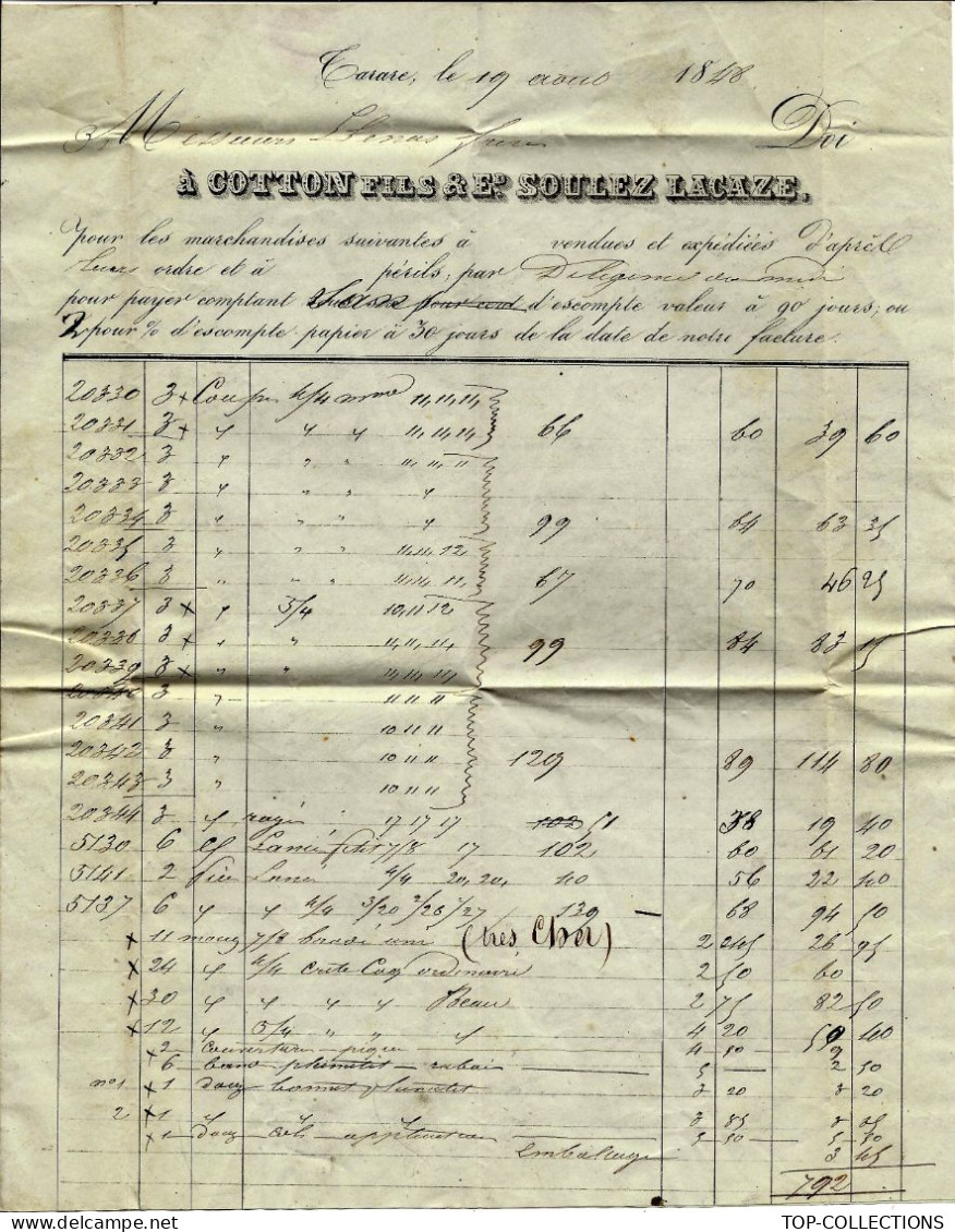 1848  TARARE (Rhone) Cotton Fils & Soulez Lacaze Pour Osseja  Llanas Fr. V.SCANS - 1800 – 1899