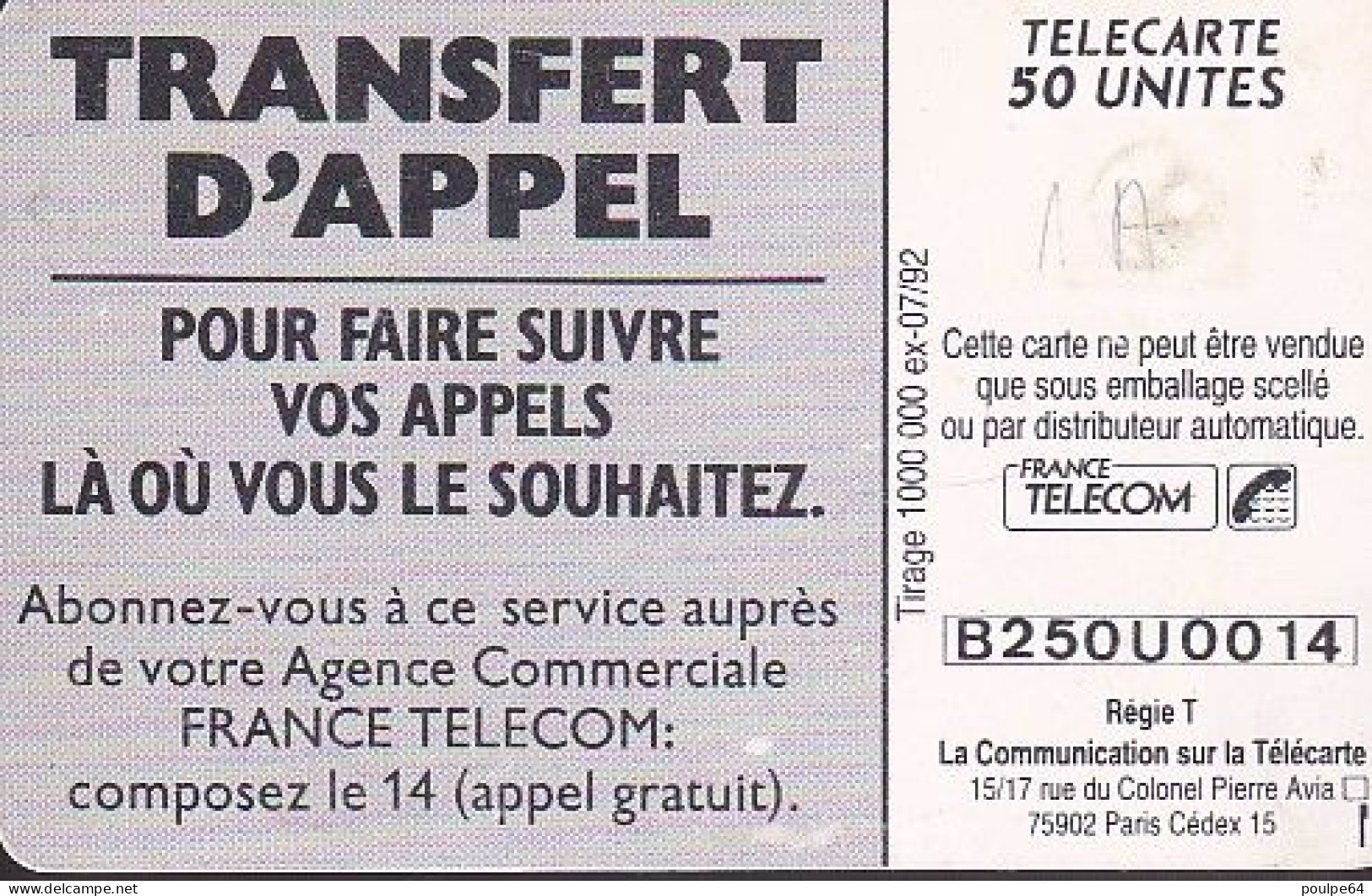 F275c - 08/1992 - TRANSFERT D'APPEL " Plage " - 50 GEM (Afnor) (1A) - 1992