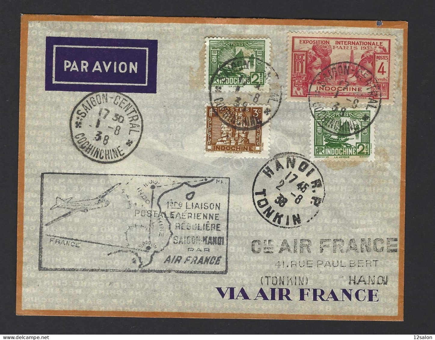 POSTE AÉRIENNE AVION AVIATION  1938 SAIGON HANOI 1ère LIAISON - 1927-1959 Storia Postale
