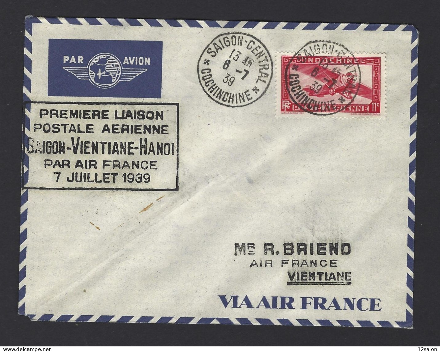 POSTE AÉRIENNE AVION AVIATION  1939 SAIGON VIENTIANE HANOI 1ère LIAISON - 1927-1959 Storia Postale