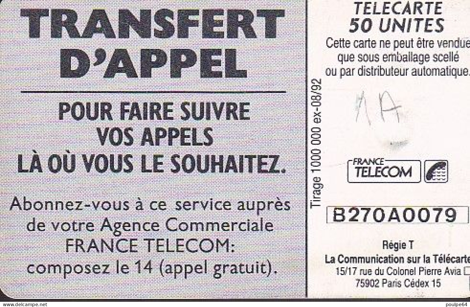 F275d - 08/1992 - TRANSFERT D'APPEL " Plage " - 50 GEM (Iso) (1A) - 1992
