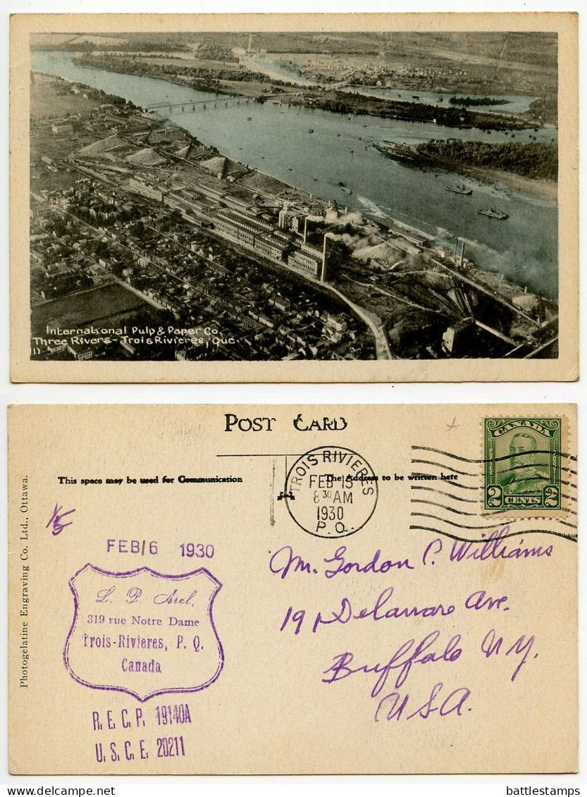 Canada 1930 Postcard Trois-Rivières, Quebec - International Pulp & Paper Co.; Scott 150 - 2c. KGV - Trois-Rivières