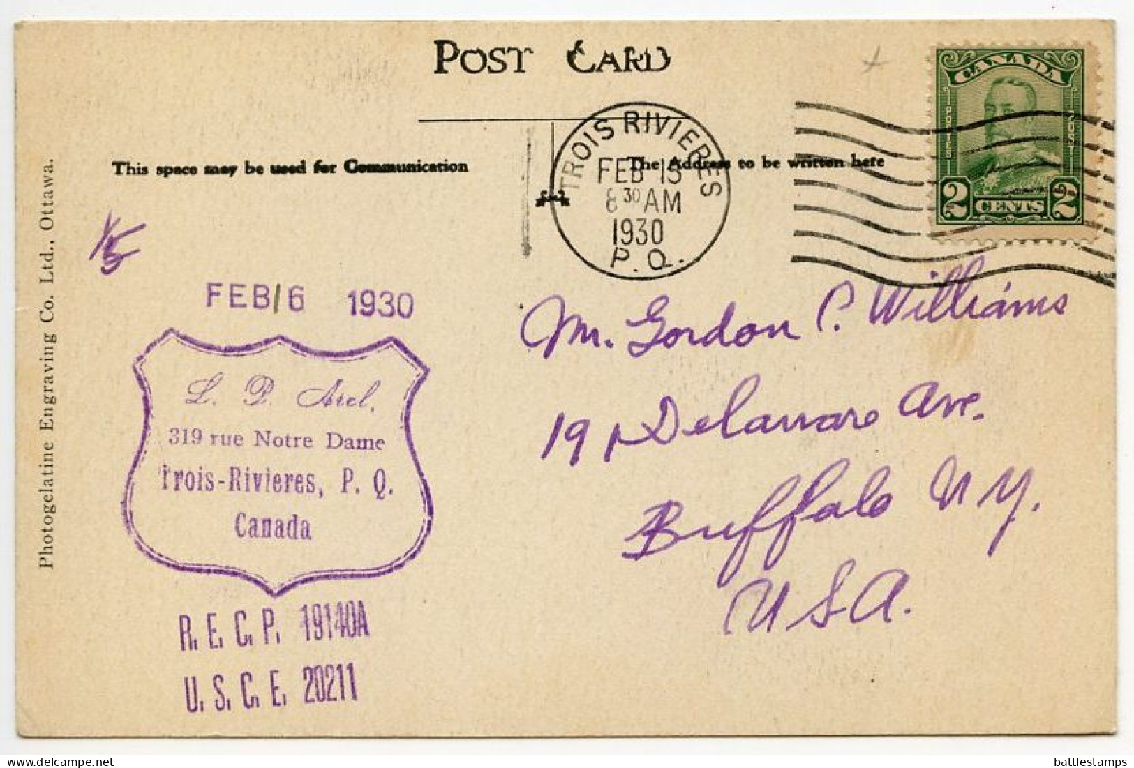 Canada 1930 Postcard Trois-Rivières, Quebec - International Pulp & Paper Co.; Scott 150 - 2c. KGV - Trois-Rivières