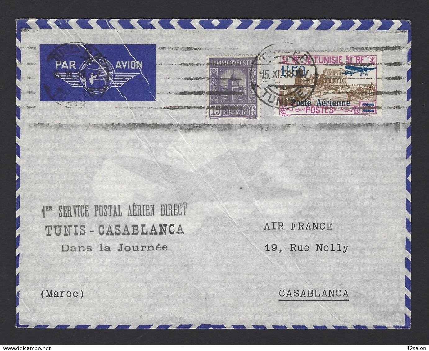 POSTE AÉRIENNE AVION AVIATION  1938 TUNIS CASABLANCA  1ère LIAISON - 1927-1959 Storia Postale