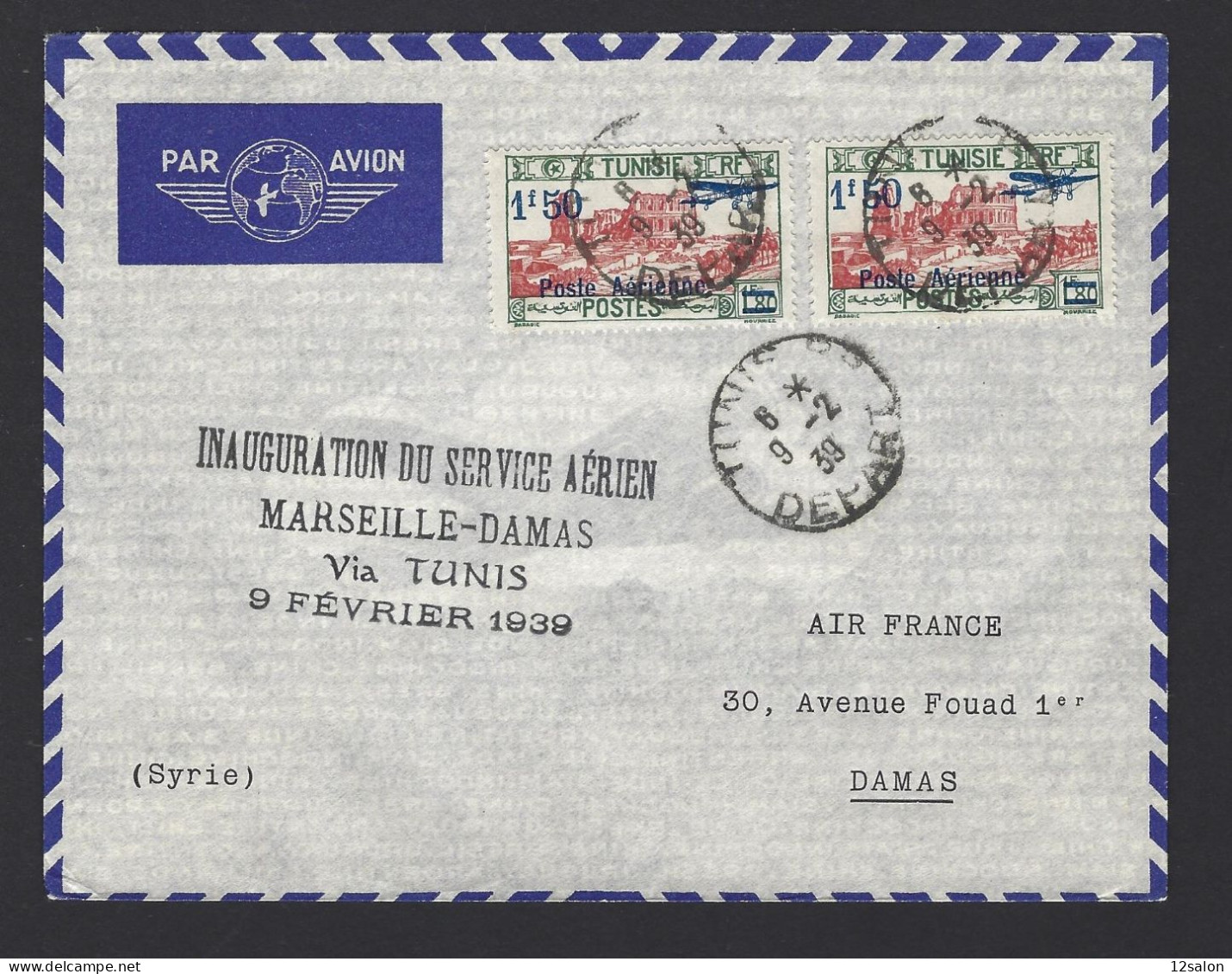 POSTE AÉRIENNE AVION AVIATION  1939 MARSEILLE DAMS VIA TUNIS  1ère LIAISON - 1927-1959 Cartas & Documentos