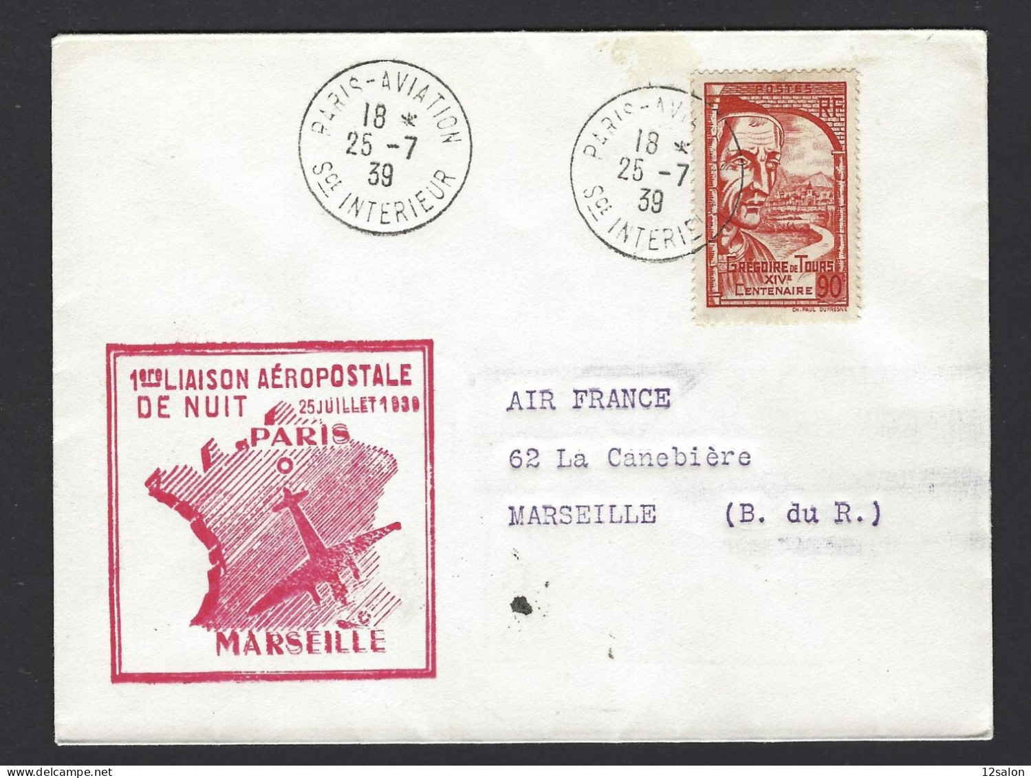 POSTE AÉRIENNE AVION AVIATION  1939 PARIS MARSEILLE DE NUIT  1ère LIAISON - 1927-1959 Covers & Documents
