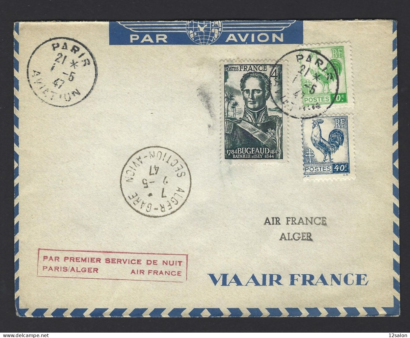 POSTE AÉRIENNE AVION AVIATION  1947 PARIS ALGER DE NUIT  1ère LIAISON - 1927-1959 Cartas & Documentos