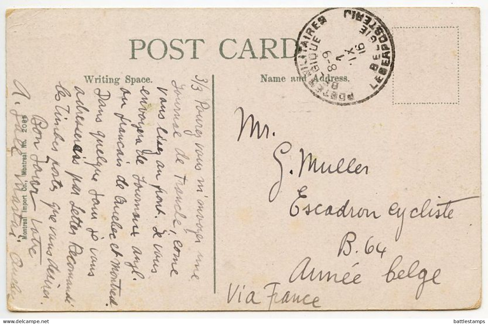 Canada 1916 Postcard Quebec - La Porte St. Louis; To Belgian Army; Scott MR3 War Tax - Québec – Les Portes