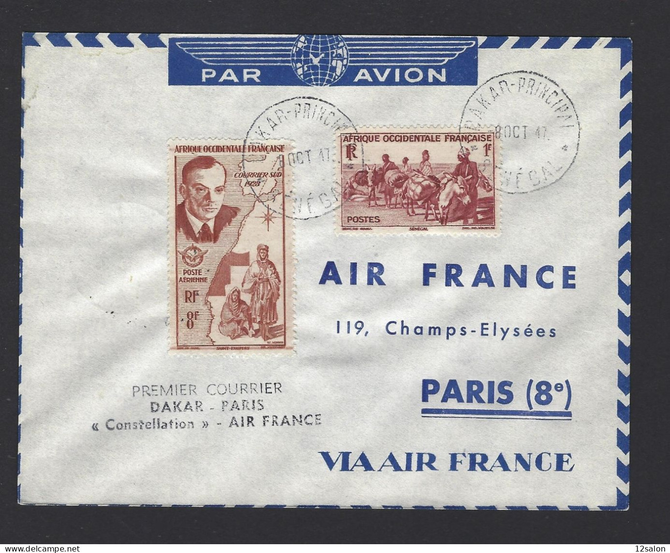 POSTE AÉRIENNE AVION AVIATION  1947 DAKAR PARIS  1ère LIAISON - 1927-1959 Covers & Documents