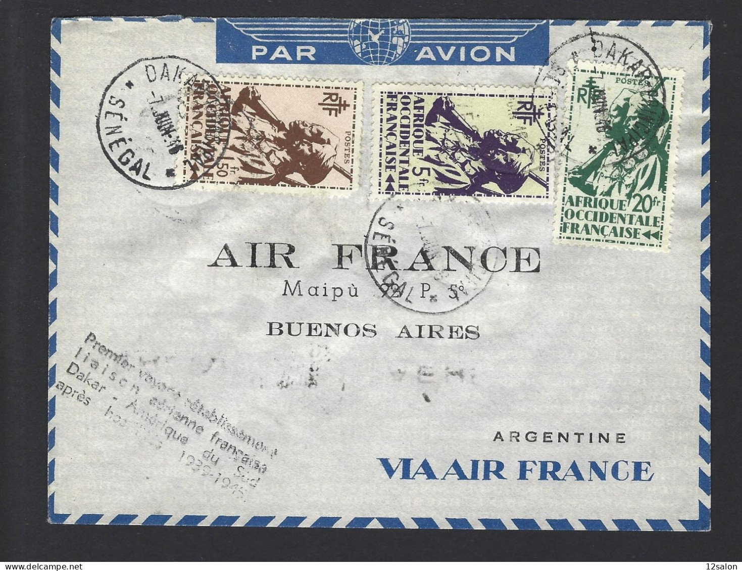 POSTE AÉRIENNE AVION AVIATION  1946 DAKAR AMERIQUE DU SUD   1ère LIAISON - 1927-1959 Covers & Documents