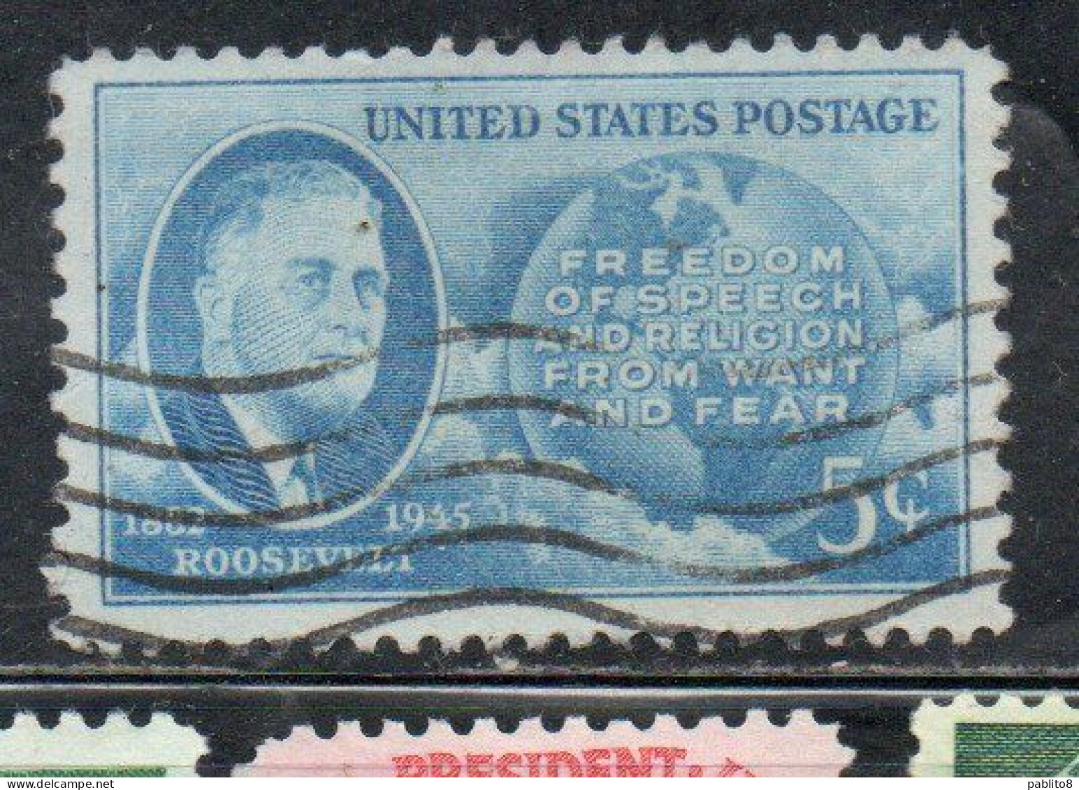 USA STATI UNITI 1945 FRANKLIN D. ROOSEVELT ISSUE GLOBE AND FOUR FREEDOMS CENT. 5c USED USATO OBLITERE' - Gebraucht