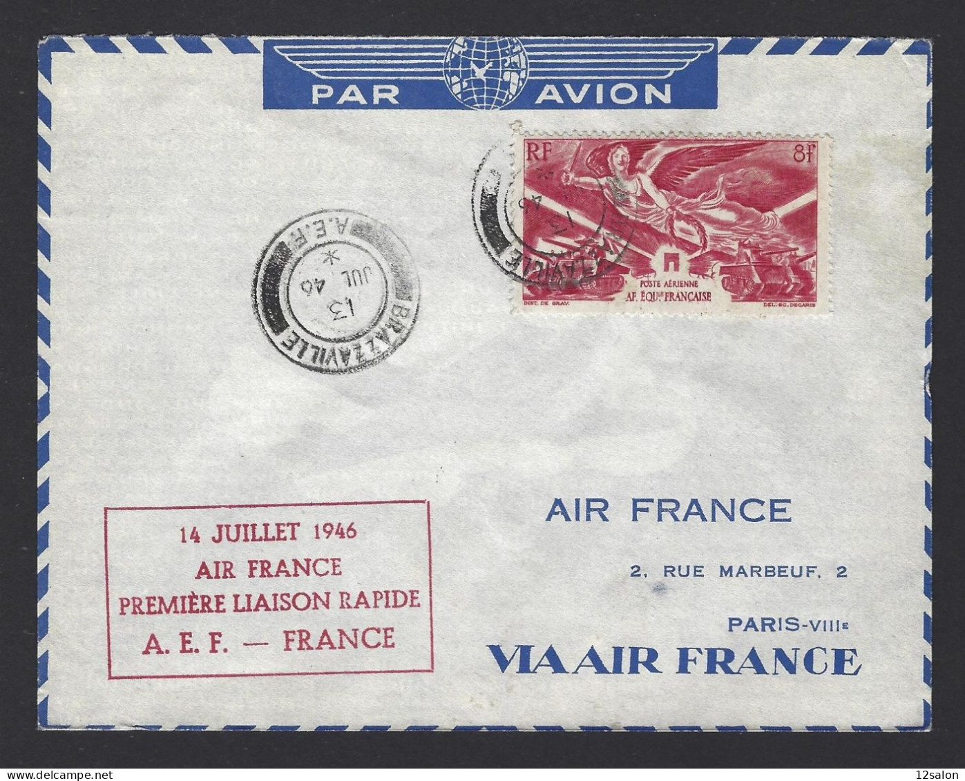 POSTE AÉRIENNE AVION AVIATION  1946 AEF FRANCE  1ère LIAISON - 1927-1959 Cartas & Documentos