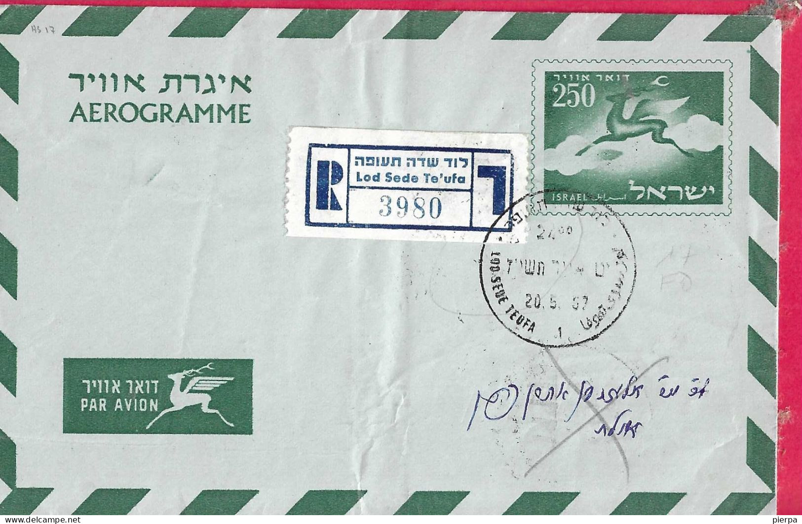 ISRAELE - INTERO AEROGRAMMA 250 - VIAGGIATO DA "LOD SED TEUFA" PER RACCOMANDATA *20.5.57* - Airmail