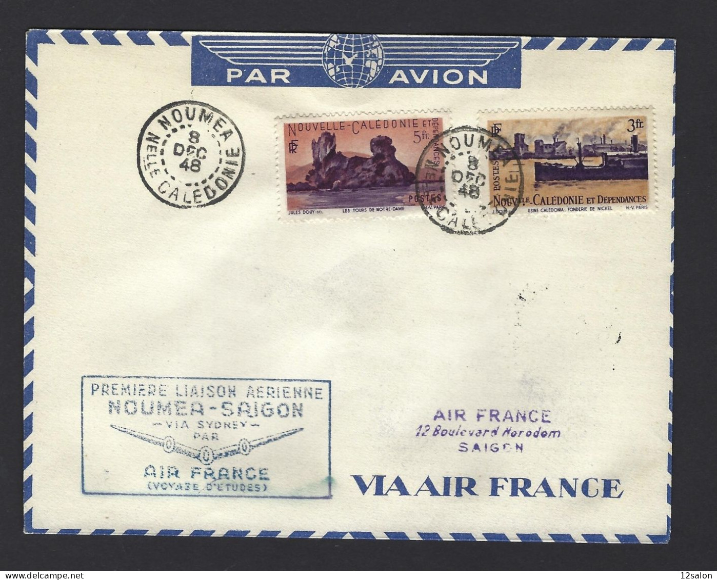 POSTE AÉRIENNE AVION AVIATION  1948 NOUMEA SAIGON 1ère LIAISON - 1927-1959 Lettres & Documents