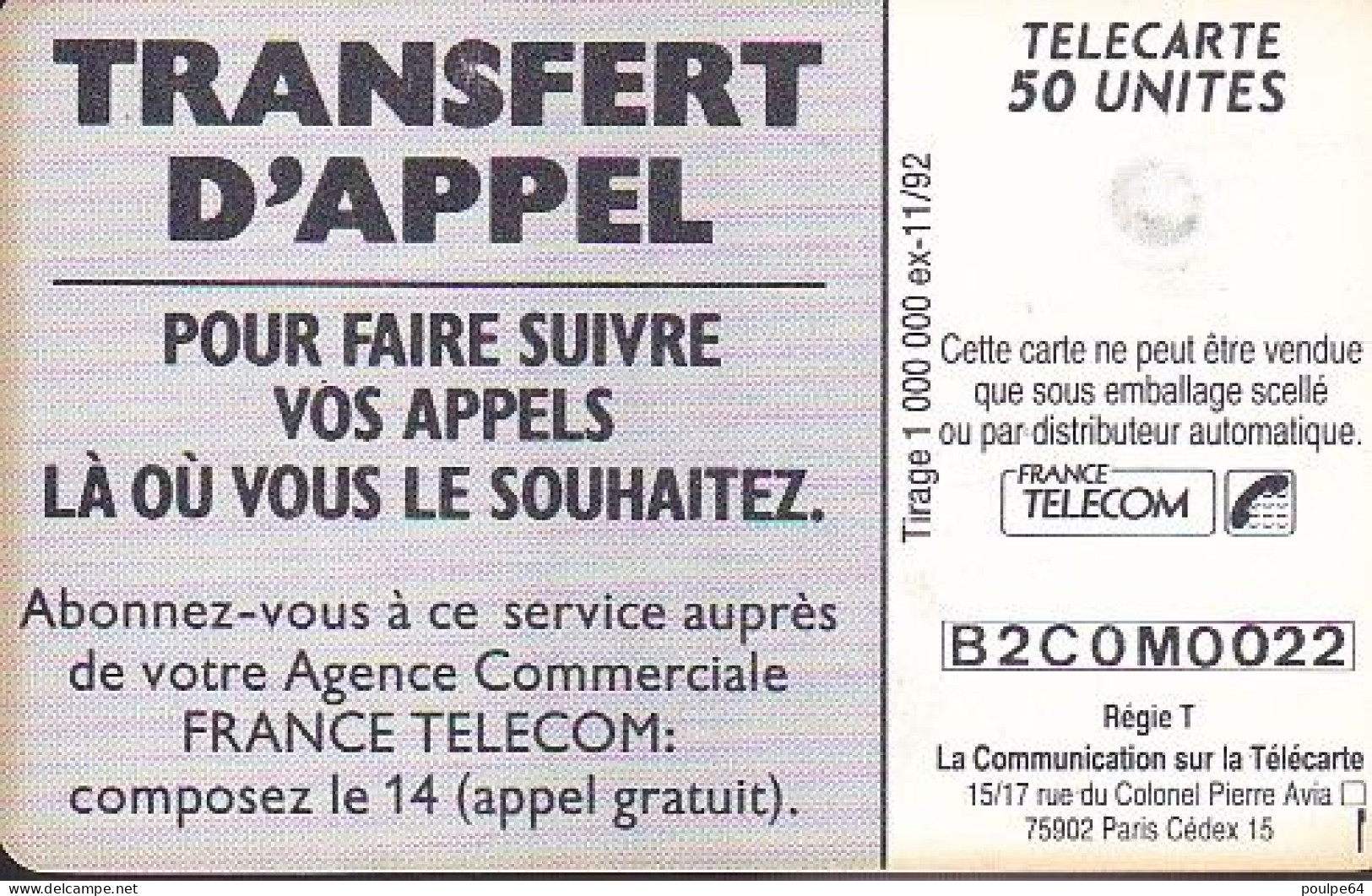 F275g - 11/1992 - TRANSFERT D'APPEL " Plage " - 50 GEM (Iso) - 1992