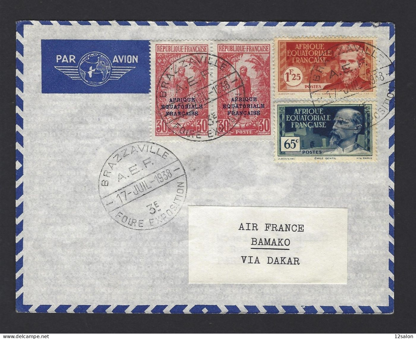 POSTE AÉRIENNE AVION AVIATION  1938 BRAZZAVILLE BAMAKO VIA DAKAR - 1927-1959 Lettres & Documents